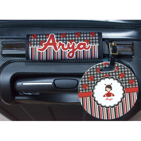 Ladybugs & Stripes Round Luggage Tag & Handle Wrap - In Context