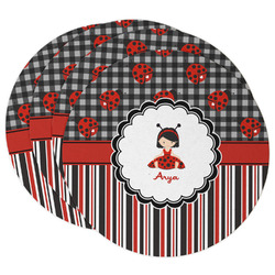 Ladybugs & Stripes Round Paper Coasters w/ Name or Text