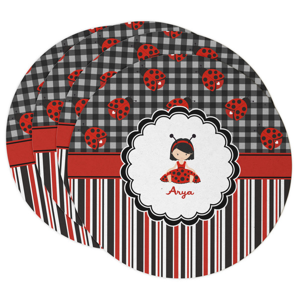 Custom Ladybugs & Stripes Round Paper Coasters w/ Name or Text