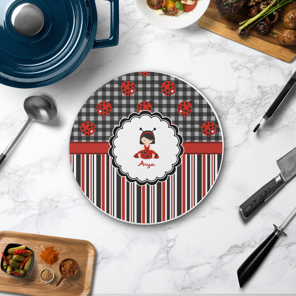 Ladybugs & Stripes Round Stone Trivet - In Context View