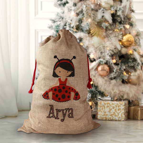 Ladybugs & Stripes Santa Bag - Front (stuffed)