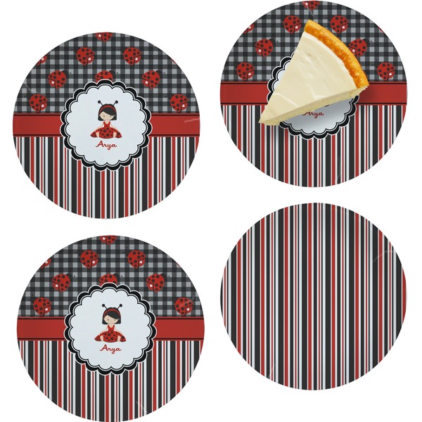 Custom Ladybugs & Stripes Set of 4 Glass Appetizer / Dessert Plate 8" (Personalized)
