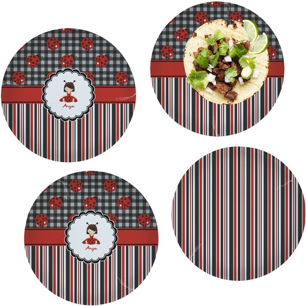 Custom Ladybugs & Stripes Set of 4 Glass Lunch / Dinner Plate 10" (Personalized)