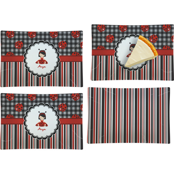 Custom Ladybugs & Stripes Set of 4 Glass Rectangular Appetizer / Dessert Plate (Personalized)