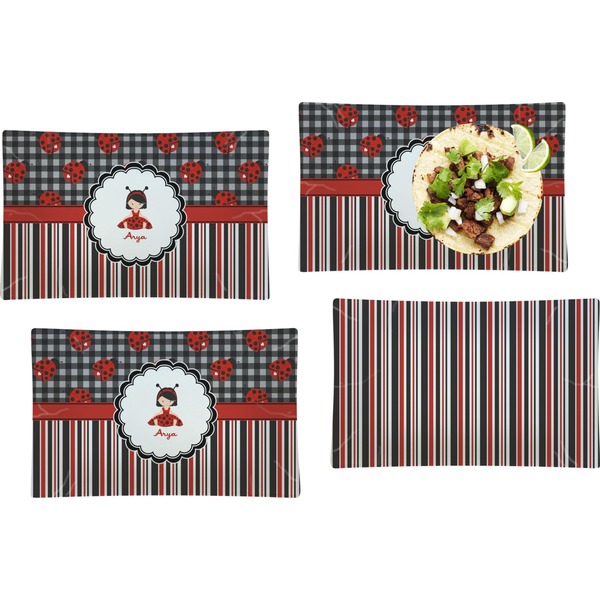 Custom Ladybugs & Stripes Set of 4 Glass Rectangular Lunch / Dinner Plate (Personalized)