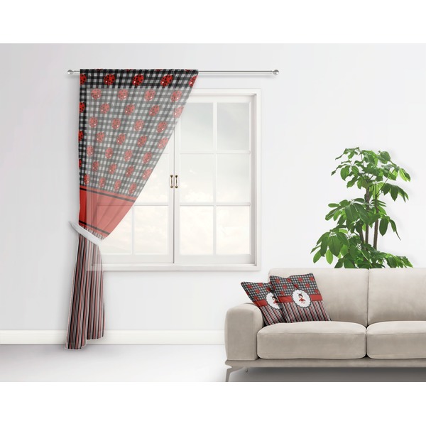 Ladybugs & Stripes Sheer Curtain With Window and Rod - in Room Matching Pillow