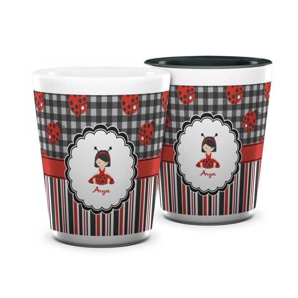 Custom Ladybugs & Stripes Ceramic Shot Glass - 1.5 oz (Personalized)
