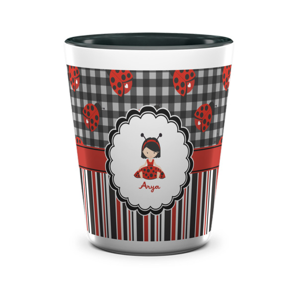 Custom Ladybugs & Stripes Ceramic Shot Glass - 1.5 oz - Two Tone - Set of 4 (Personalized)