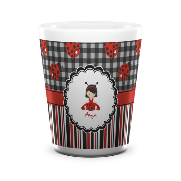 Custom Ladybugs & Stripes Ceramic Shot Glass - 1.5 oz - White - Single (Personalized)