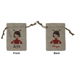 Ladybugs & Stripes Small Burlap Gift Bag - Front & Back (Personalized)