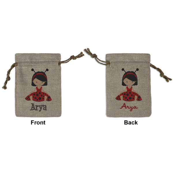 Custom Ladybugs & Stripes Small Burlap Gift Bag - Front & Back (Personalized)