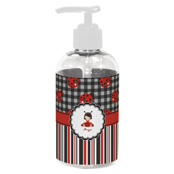 Custom Ladybugs & Stripes Plastic Soap / Lotion Dispenser (8 oz - Small - White) (Personalized)
