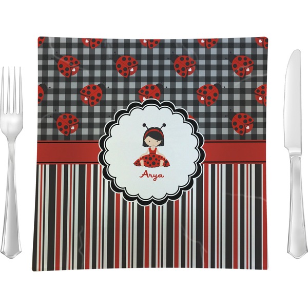 Custom Ladybugs & Stripes 9.5" Glass Square Lunch / Dinner Plate- Single or Set of 4 (Personalized)