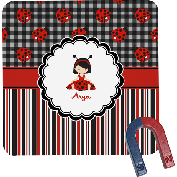 Custom Ladybugs & Stripes Square Fridge Magnet (Personalized)