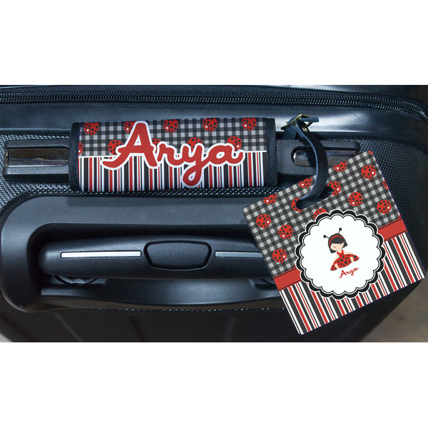 Ladybugs & Stripes Square Luggage Tag & Handle Wrap - In Context