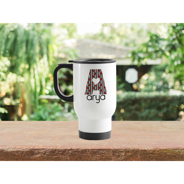 Ladybugs & Stripes Stainless Steel Travel Mug with Handle Lifestyle