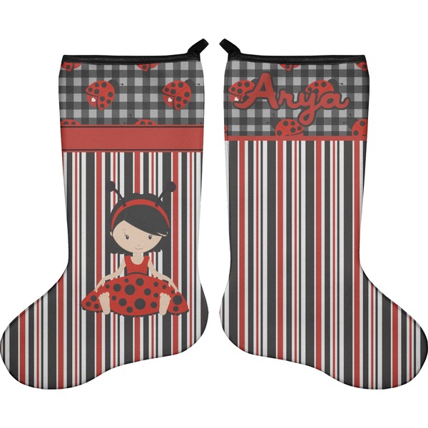 Custom Ladybugs & Stripes Holiday Stocking - Double-Sided - Neoprene (Personalized)