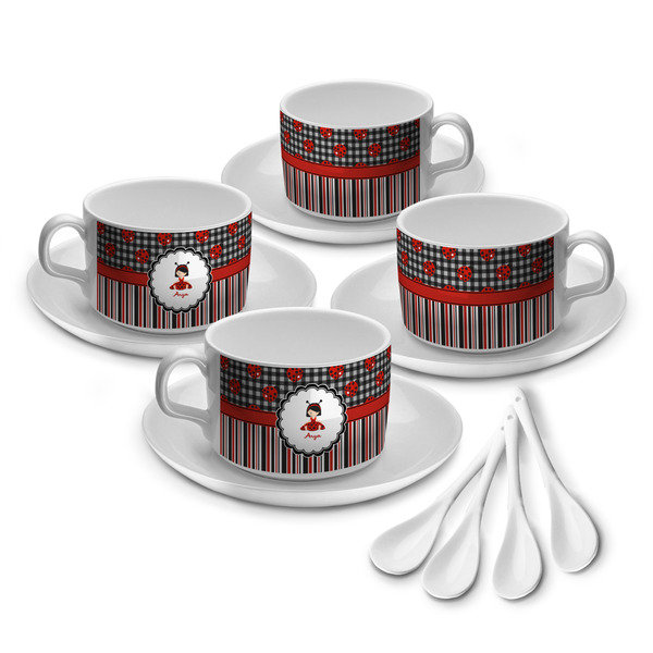Custom Ladybugs & Stripes Tea Cup - Set of 4 (Personalized)