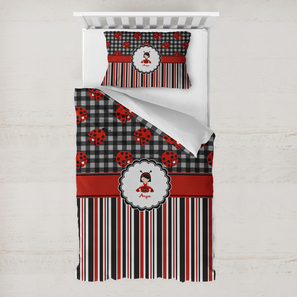 Custom Ladybugs & Stripes Toddler Bedding Set - With Pillowcase (Personalized)