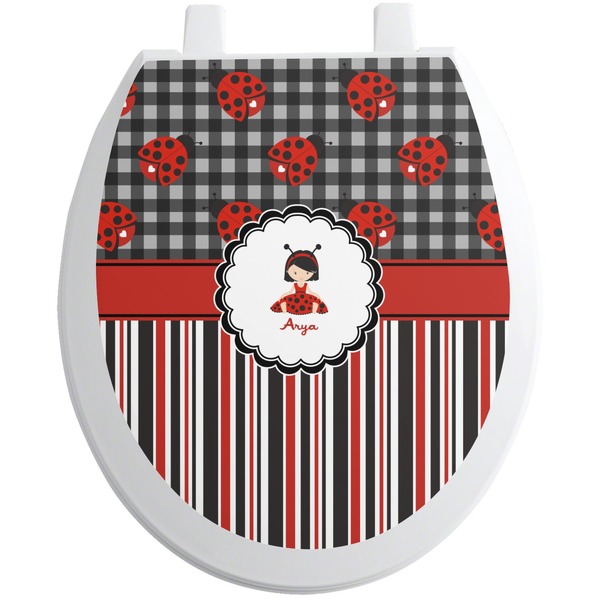 Custom Ladybugs & Stripes Toilet Seat Decal - Round (Personalized)