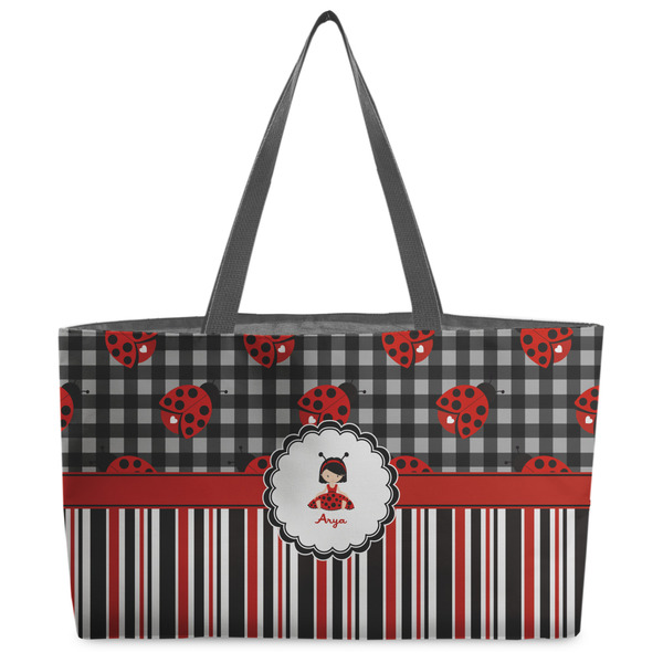 Custom Ladybugs & Stripes Beach Totes Bag - w/ Black Handles (Personalized)
