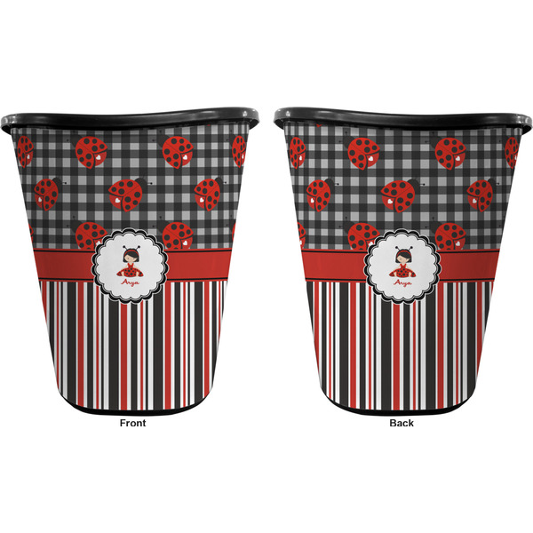 Ladybugs & Stripes Trash Can Black - Front and Back - Apvl