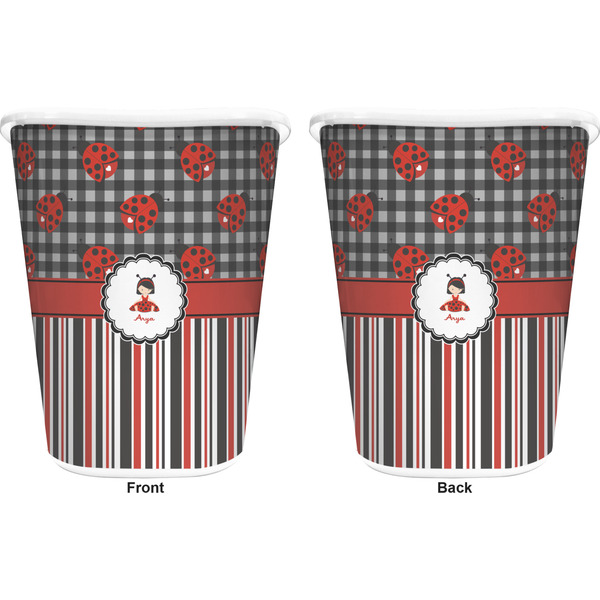 Ladybugs & Stripes Trash Can White - Front and Back - Apvl
