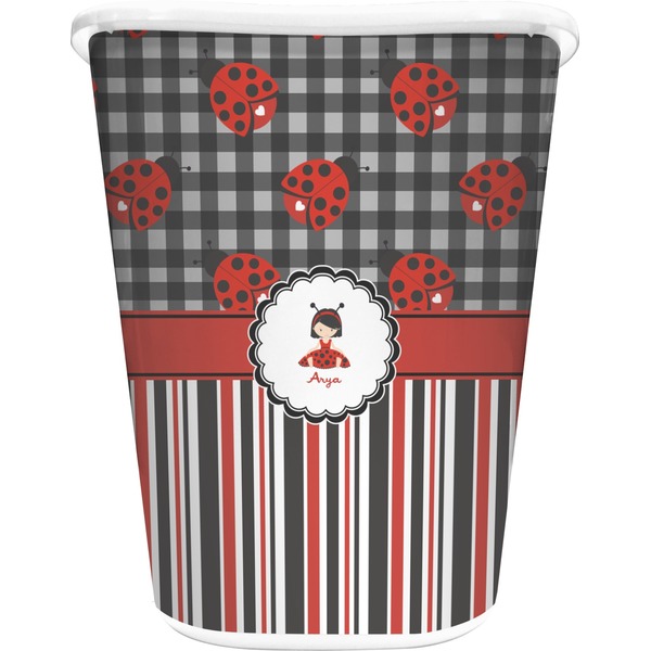 Custom Ladybugs & Stripes Waste Basket - Single Sided (White) (Personalized)