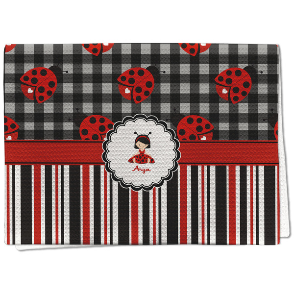 Custom Ladybugs & Stripes Kitchen Towel - Waffle Weave (Personalized)