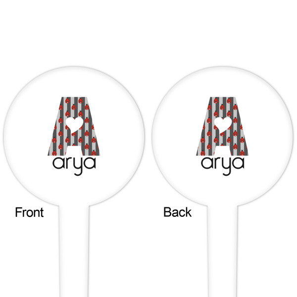 Ladybugs & Stripes White Plastic 4" Food Pick - Round - Double Sided - Front & Back