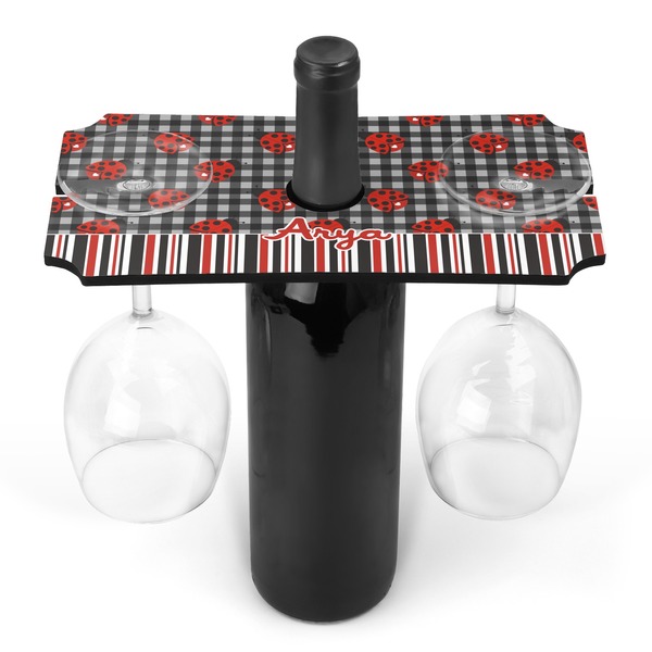 Custom Ladybugs & Stripes Wine Bottle & Glass Holder (Personalized)