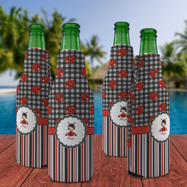 Ladybugs & Stripes Zipper Bottle Cooler - Set of 4 - LIFESTYLE
