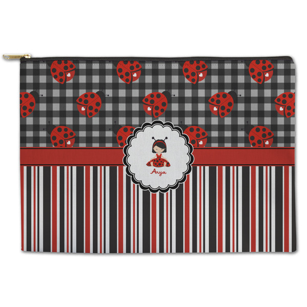 Custom Ladybugs & Stripes Zipper Pouch - Large - 12.5"x8.5" (Personalized)