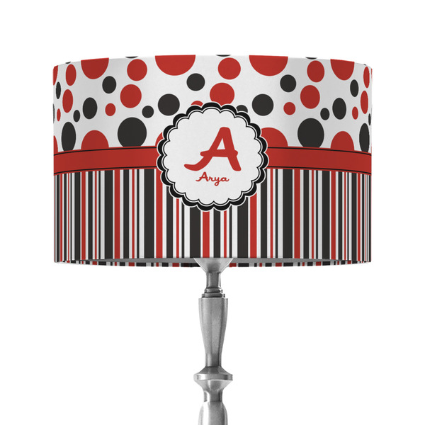 Red & Black Dots & Stripes 12" Drum Lampshade - ON STAND (Fabric)