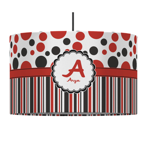 Custom Red & Black Dots & Stripes 12" Drum Pendant Lamp - Fabric (Personalized)