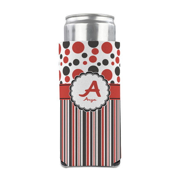 Red & Black Dots & Stripes 12oz Tall Can Sleeve - FRONT (on can)