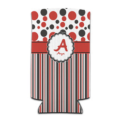 Red & Black Dots & Stripes Can Cooler (tall 12 oz) (Personalized)