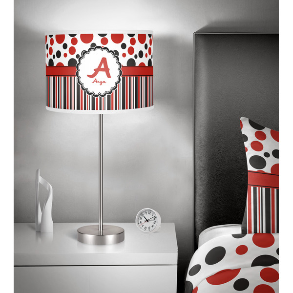 Red & Black Dots & Stripes 13 inch drum lamp shade - in room