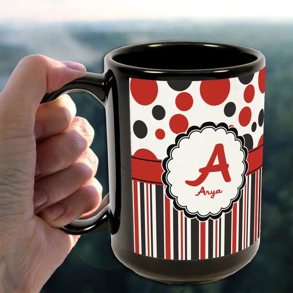 Red & Black Dots & Stripes 15oz. Black Mug - LIFESTYLE