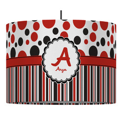 Red & Black Dots & Stripes 16" Drum Pendant Lamp - Fabric (Personalized)