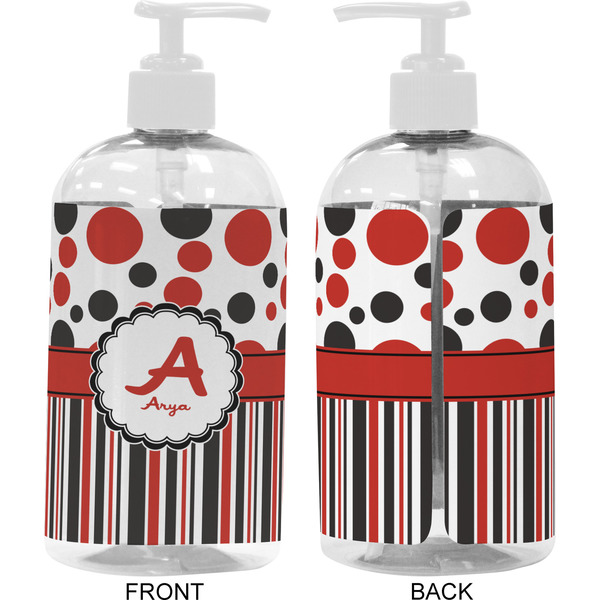 Red & Black Dots & Stripes 16 oz Plastic Liquid Dispenser- Approval- White