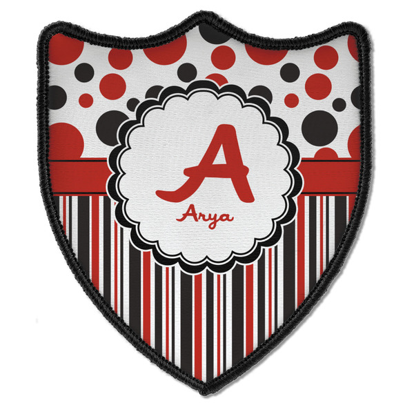 Custom Red & Black Dots & Stripes Iron On Shield Patch B w/ Name and Initial