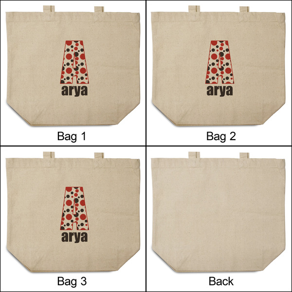 Red & Black Dots & Stripes 3 Reusable Cotton Grocery Bags - Front & Back View