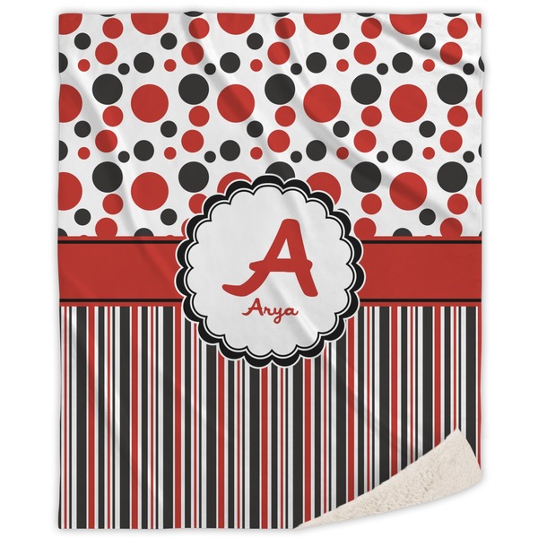 Custom Red & Black Dots & Stripes Sherpa Throw Blanket - 60"x80" (Personalized)