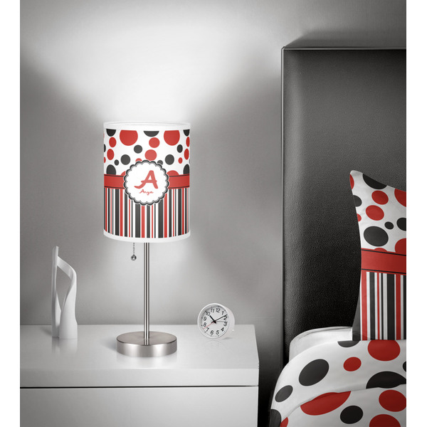 Red & Black Dots & Stripes 7 inch drum lamp shade - in room