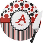 Red & Black Dots & Stripes Round Glass Cutting Board - Small (Personalized)