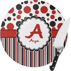 Red & Black Dots & Stripes Round Glass Cutting Board - Small (Personalized)