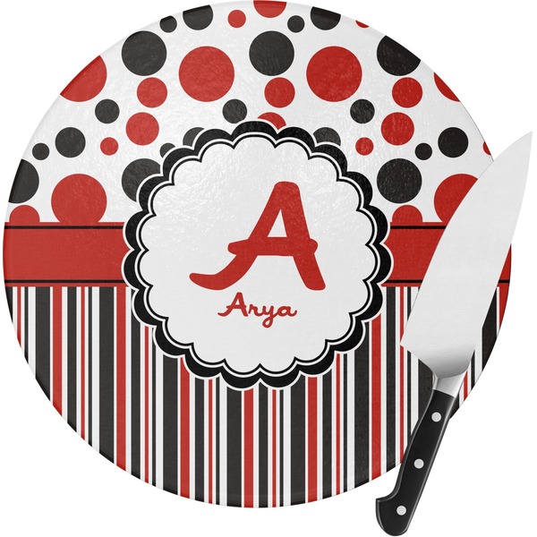 Custom Red & Black Dots & Stripes Round Glass Cutting Board - Small (Personalized)