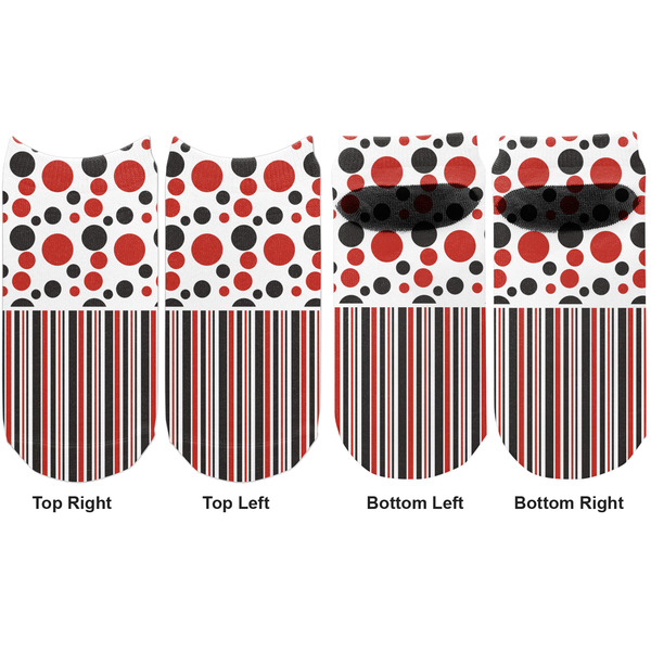 Red & Black Dots & Stripes Adult Ankle Socks - Double Pair - Front and Back - Apvl