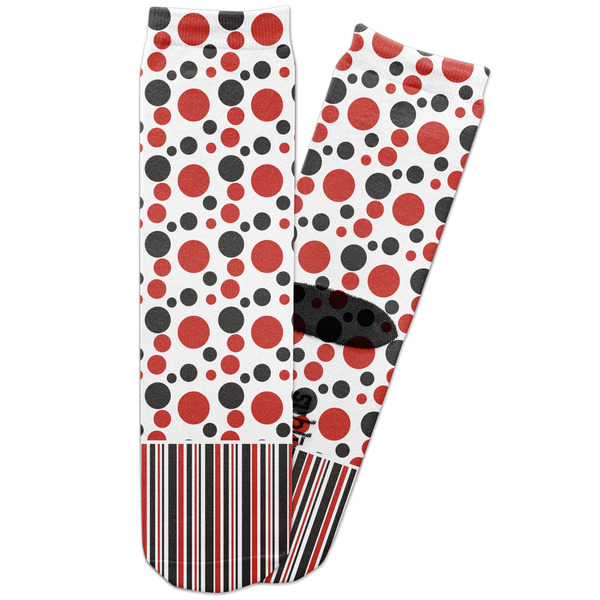 Custom Red & Black Dots & Stripes Adult Crew Socks